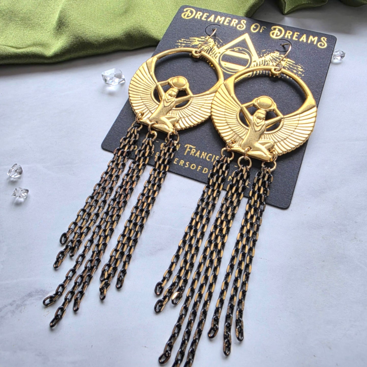Brass Isis and Herkimer Chain Earrings Earrings Shop Dreamers of Dreams