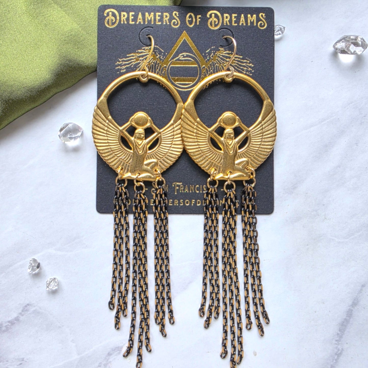 Brass Isis and Herkimer Chain Earrings Earrings Shop Dreamers of Dreams