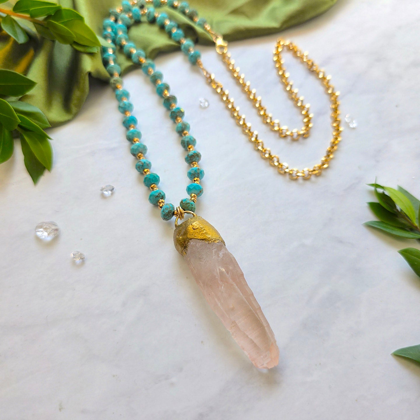 Peach Lemurian + Turquoise Priestess Necklace