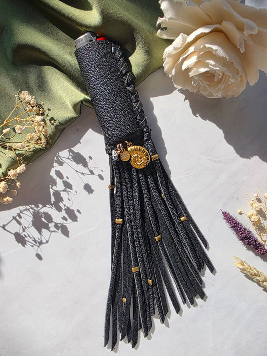 Sacred Flame Lighter Sleeve | Black Leather Lighter Case Shop Dreamers of Dreams