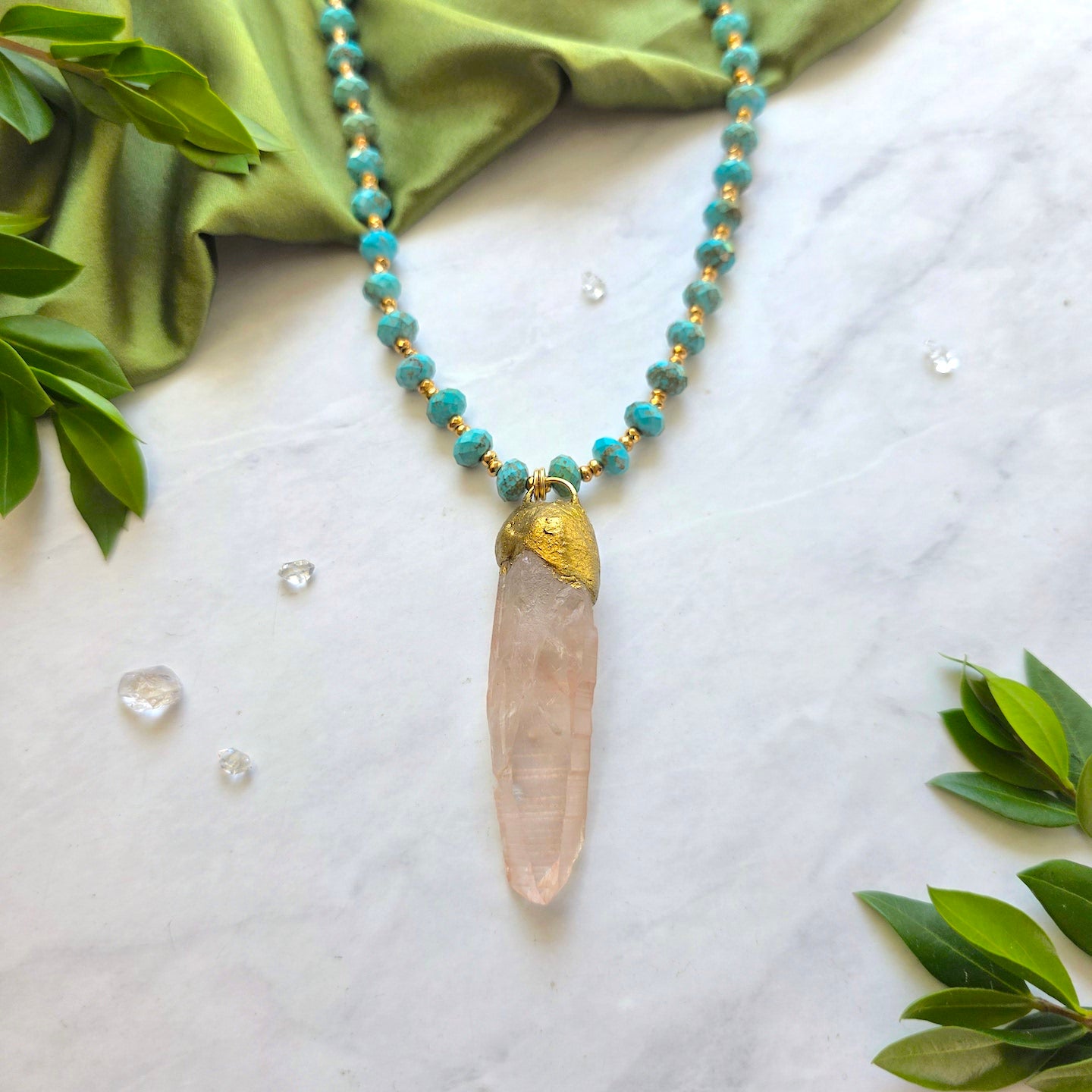 Peach Lemurian + Turquoise Priestess Necklace