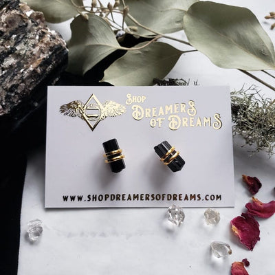 Black Tourmaline Stud Earrings- Gold Earrings Shop Dreamers of Dreams