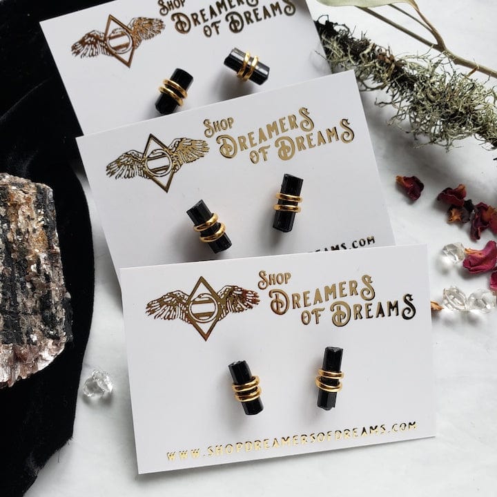 Black Tourmaline Stud Earrings- Gold Earrings Shop Dreamers of Dreams