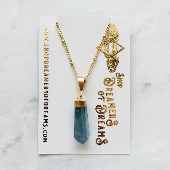 Teal Fluorite Crystal Necklace Gold Necklace Shop Dreamers of Dreams